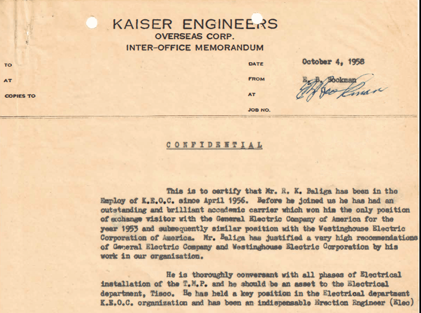 Confidential memorandum recommending R.K. Baliga