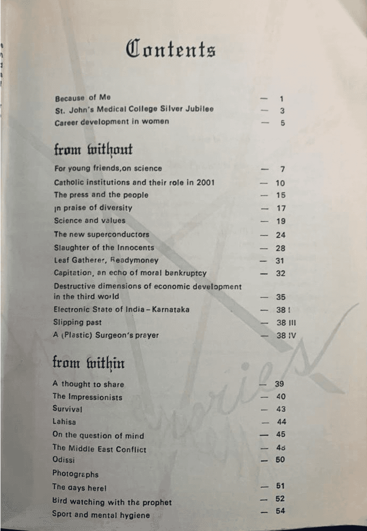 Table of Contents from 'Memories' magazine