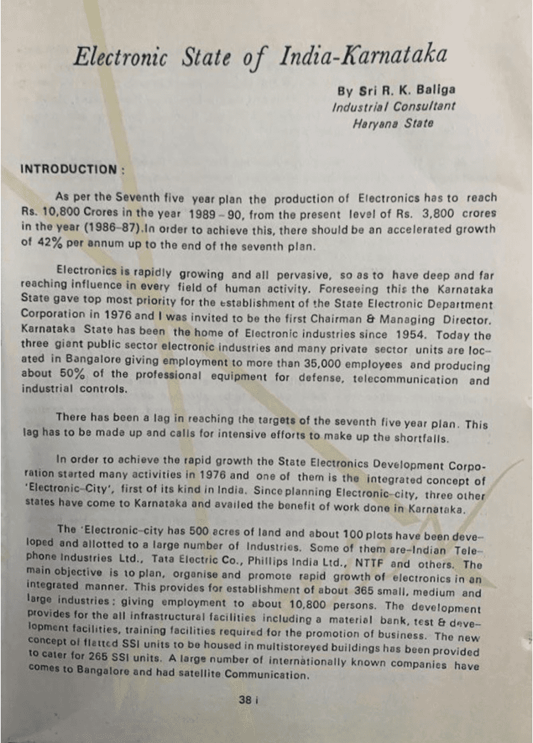 Page 1 of R.K. Baliga's article 'Electronic State of India - Karnataka'