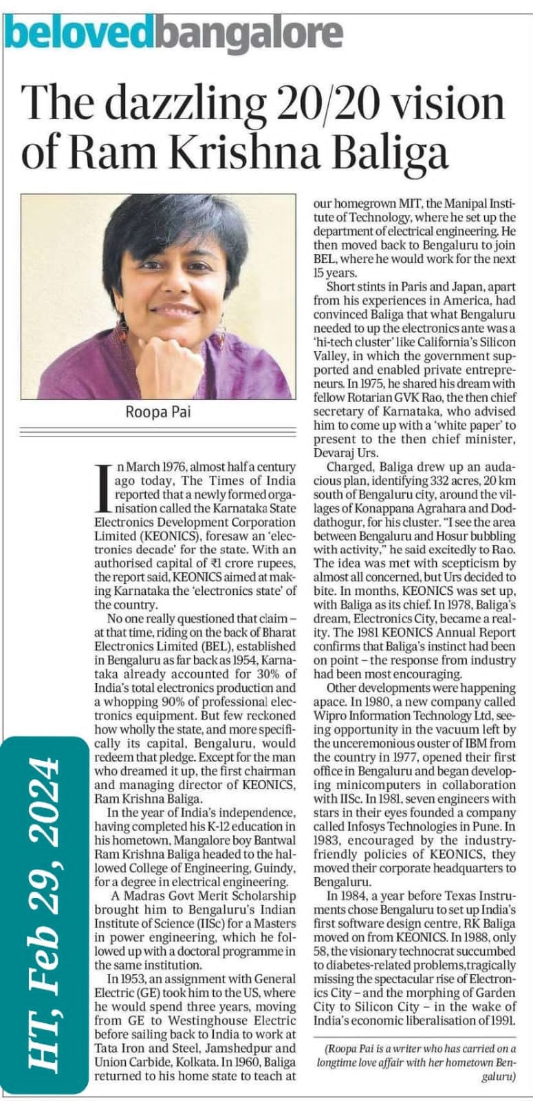 Hindustan Times newspaper article on Ram Krishna Baliga's vision
