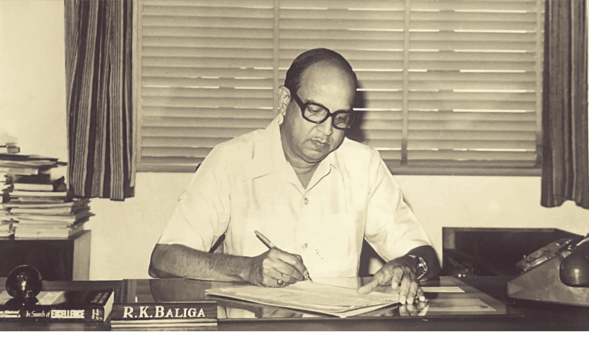 Timeline infographic of R.K. Baliga's journey and achievements