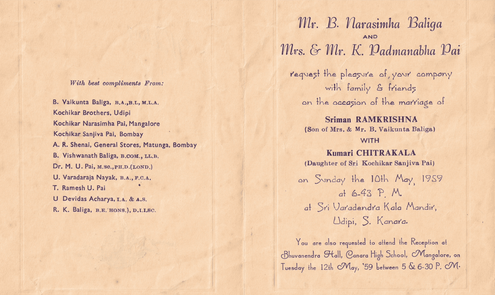 Wedding invitation card of R.K. and Shanthi Baliga